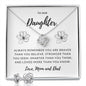 Daughter Love Knot Necklace and Earring Set, From Mom and Dad | Custom Heart Design
