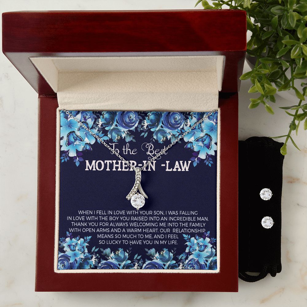 Mother In law Necklace & Earring Set-Thank you for welcoming me - Custom Heart Design