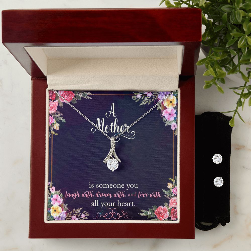 Mom Necklace & Earring Set-Laugh, dream, love - Custom Heart Design