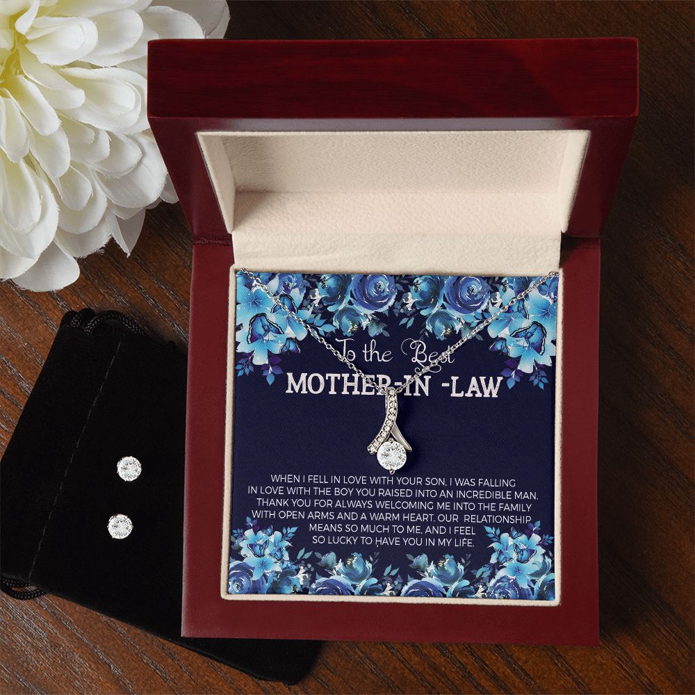 Mother In law Necklace & Earring Set-Thank you for welcoming me - Custom Heart Design