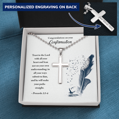 Confirmation Personalized Cross Necklace (Ball Chain)-Trust in the Lord - Custom Heart Design