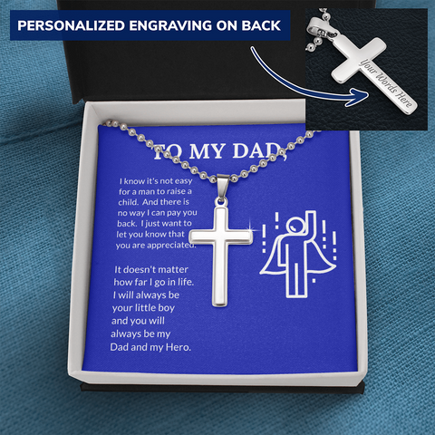 Dad, You will always be my hero, From Son-Personalized Cross Necklace - Custom Heart Design