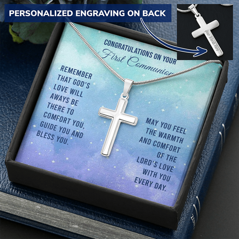 First Communion Personalized Cross Necklace-God's Love - Custom Heart Design