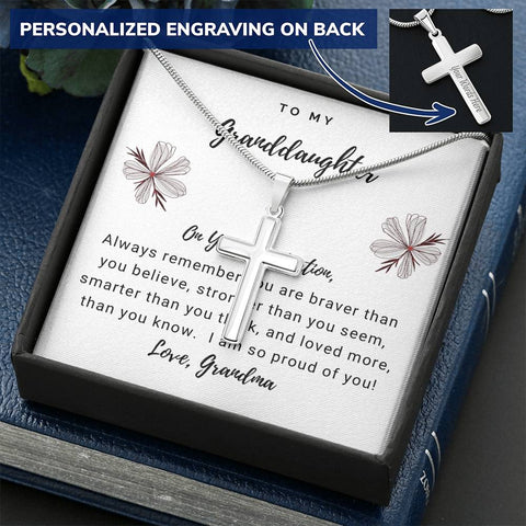 * To Granddaughter, From Grandma-Personalized Cross Necklace - Custom Heart Design