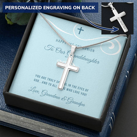 First Communion Personalized Cross Necklace-To Granddaughter, From Grandparents - Custom Heart Design