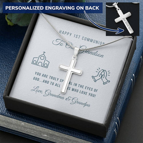 First Communion Personalized Cross Necklace-To Grandson, From Grandparents - Custom Heart Design