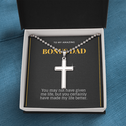 Bonus Dad, You made my life better-Cross Necklace - Custom Heart Design