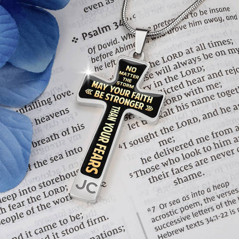 May your faith be stronger than your fears--Bible Verse Cross Necklace - Custom Heart Design