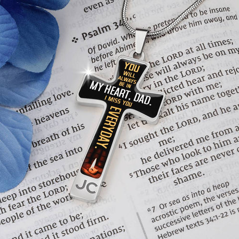 Dad Remembrance, You will always be in my heart-Statement Cross Necklace - Custom Heart Design