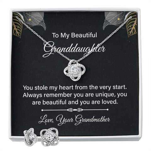 Granddaughter Love Knot Jewelry Set-You stole my heart - Custom Heart Design