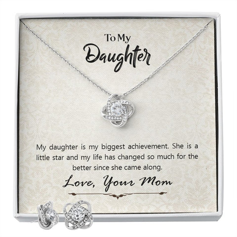 Daughter Love Knot Necklace and Earring Set, From Mom | Custom Heart Design