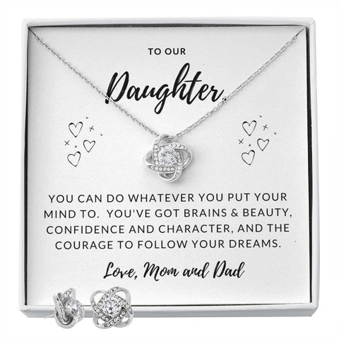 Daughter Love Knot Necklace and Earring Set, From Mom and Dad | Custom Heart Design