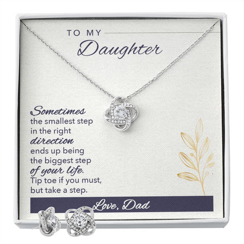 Daughter Love Knot Necklace and Earring Set, From Dad | Custom Heart Design