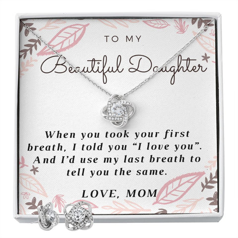 Daughter Love Knot Necklace and Earring Set | Custom Heart Design