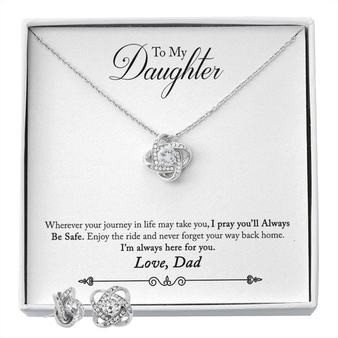 Daughter Love Knot Necklace and Earring Set, From Dad | Custom Heart Design