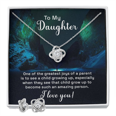 Daughter Love Knot Necklace and Earring Set | Custom Heart Design