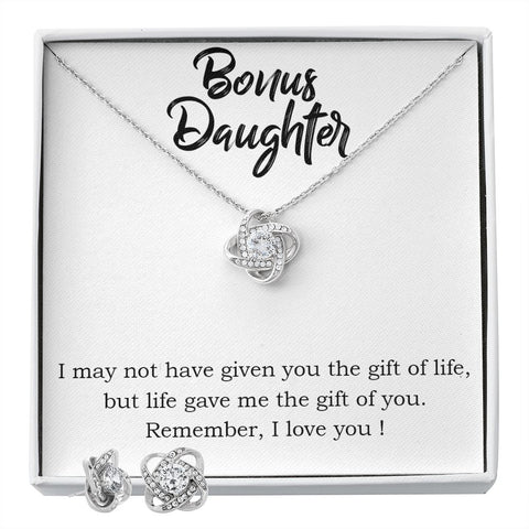 Bonus Daughter Love Knot Necklace and Earring Set | Custom Heart Design