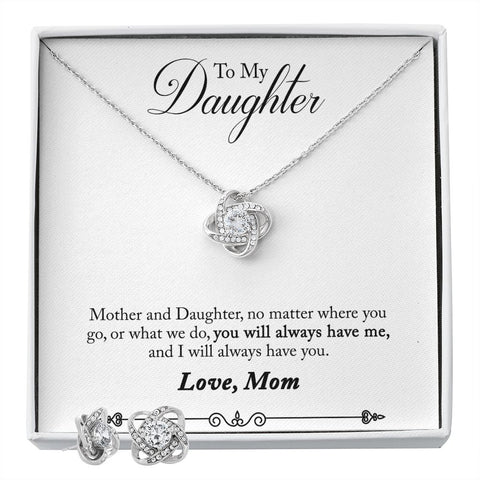 Daughter Love Knot Necklace and Earring Set, From Mom | Custom Heart Design