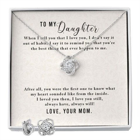 Daughter Love Knot Necklace and Earring Set, From Mom | Custom Heart Design