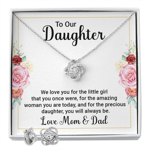 Daughter Love Knot Necklace and Earring Set, From Mom and Dad | Custom Heart Design