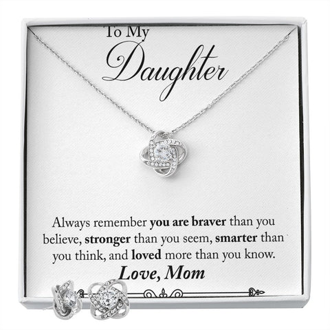 Daughter Love Knot Necklace and Earring Set, From Mom | Custom Heart Design