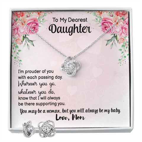 Daughter Love Knot Necklace and Earring Set, From Mom | Custom Heart Design