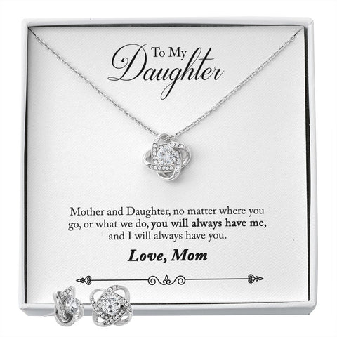 Daughter Love Knot Necklace and Earring Set, From Mom | Custom Heart Design