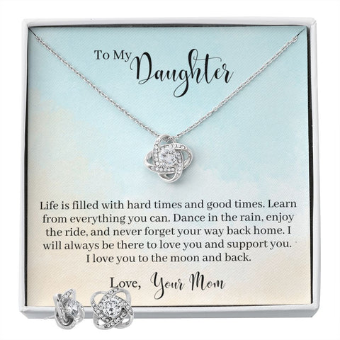 Daughter Love Knot Necklace and Earring Set, From Mom | Custom Heart Design