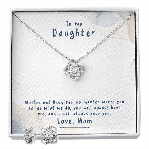 Daughter Love Knot Necklace and Earring Set, From Mom | Custom Heart Design