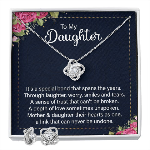 Daughter Love Knot Necklace and Earring Set, From Mom | Custom Heart Design