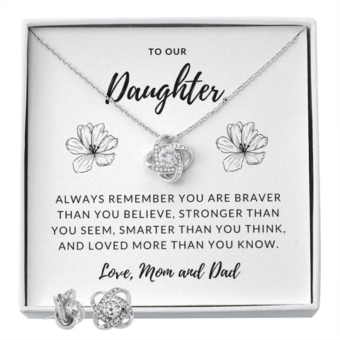 Daughter Love Knot Necklace and Earring Set, From Mom and Dad | Custom Heart Design