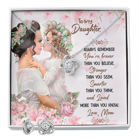 Daughter Love Knot Necklace and Earring Set, From Mom | Custom Heart Design