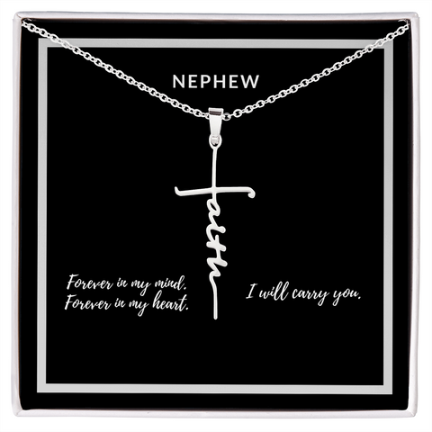 Nephew Remembrance, Scripted Faith Cross Necklace - Custom Heart Design