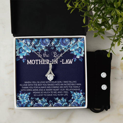 Mother In law Necklace & Earring Set-Thank you for welcoming me - Custom Heart Design