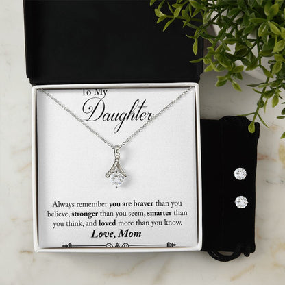 Daughter Pendant and Earring Set-Braver, stronger & smarter | Custom Heart Design