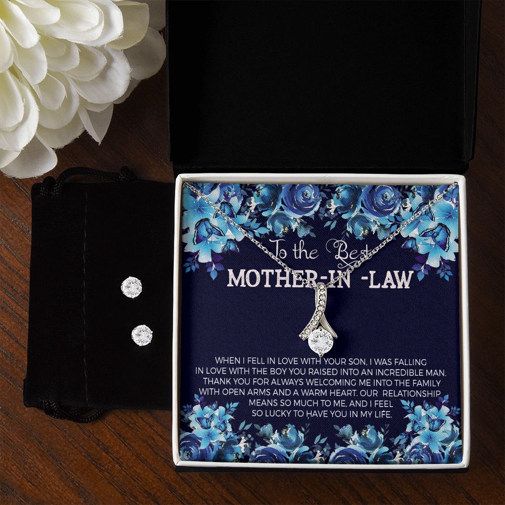 Mother In law Necklace & Earring Set-Thank you for welcoming me - Custom Heart Design
