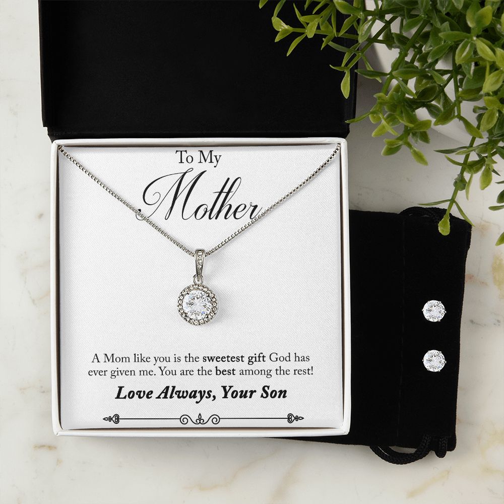 Mom Solitaire Jewelry Set, From Son-Sweetest gift from God | Custom Heart Design