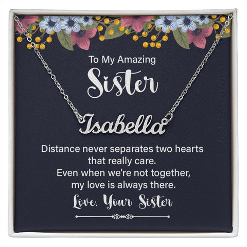 Sister Name Necklace, From Sister-Distance does not separate us | Custom Heart Design