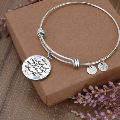 * She is clothed with strength and dignity, Prov. 31:5-Bible Verse Bangle Bracelet - Custom Heart Design