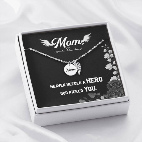 Mom Remembrance, Heaven needed a hero-Angel Wing Necklace - Custom Heart Design
