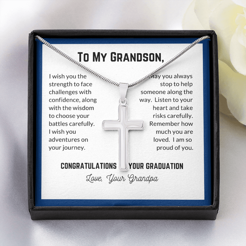Grandson's Graduation, From Grandpa-Silver Cross Necklace - Custom Heart Design